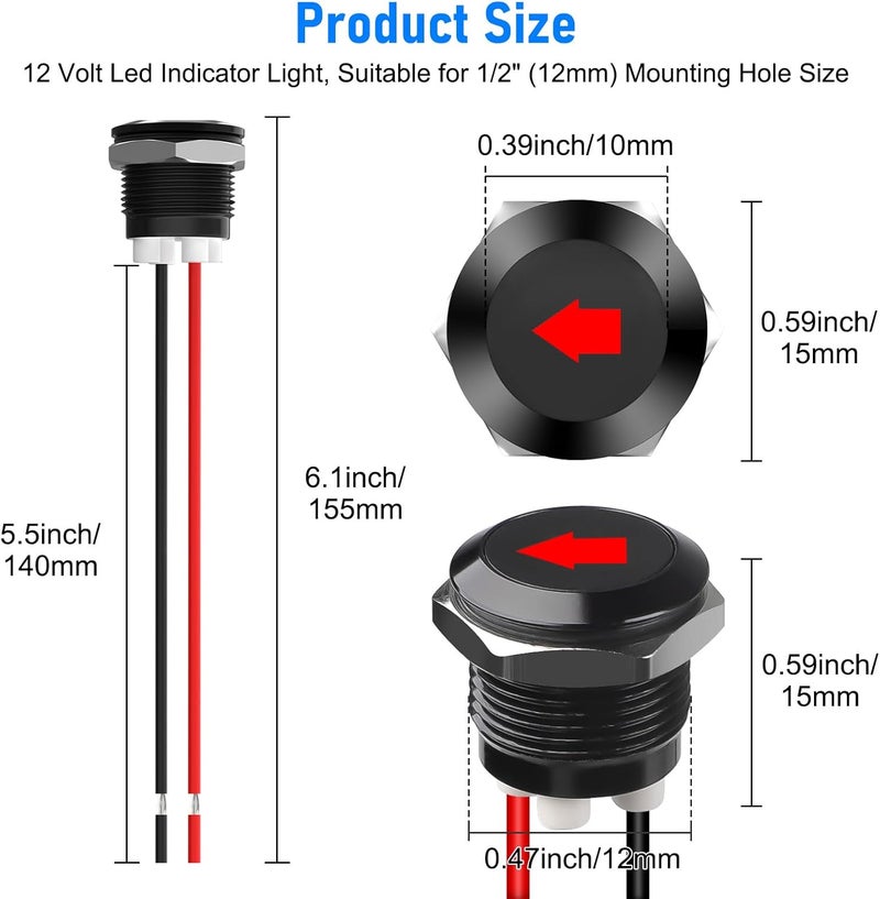 Linkstyle 2PCS 12V LED Indicator Light, 1/2" Panel Cutout Signal Indicator, Signal Lamp Light with 300MM Wires Waterproof, Red - Image 2